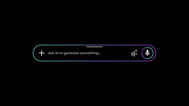 Minimal dark theme search interface with voice assistant icon and typing animation, &ldquo;Ask AI to generate something&rdquo; (4K)