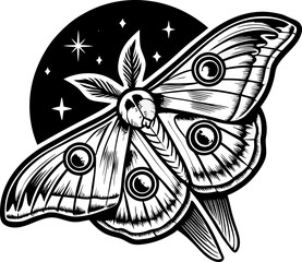 Mystical moth illustration with lunar background vintage nocturnal insect, stars, black and white celestial design