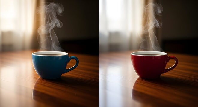 Diptych of steaming hot coffee in blue and red mugs on a cozy wooden table