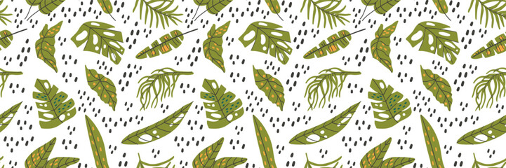 Exotic seamless textile with tropical jungle monster palm leaves print.