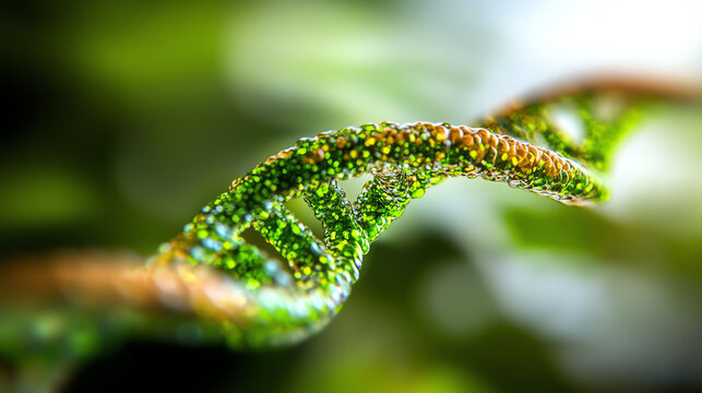 A close-up of a vibrant green DNA strand, showcasing intricate details and textures, symbolizing life and nature's complexity.