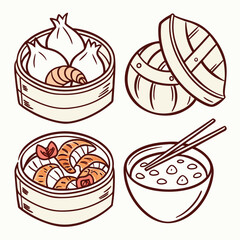 A charming hand drawn illustration featuring a collection of delicious asian food items including dumplings in bamboo steamers shrimp dumplings and a bowl of soup with chopsticks
