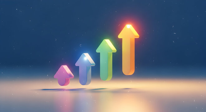 Colorful glowing 3D upward arrows on a reflective surface against a dark blue background