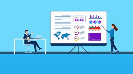 Professional business presentation with two colleagues analyzing data statistics and marketing report - Powered by Adobe