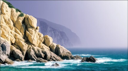 Rugged, sun-drenched cliffs rise from the vibrant turquoise sea, with waves breaking against the rocks and distant mountains fading into a hazy sky.