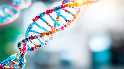 A close-up view of a colorful DNA double helix structure, representing genetic research and molecular biology science advancements.