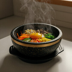 Steaming hot bibimbap served in a traditional stone bowl with fresh vegetables and a vibrant egg yolk