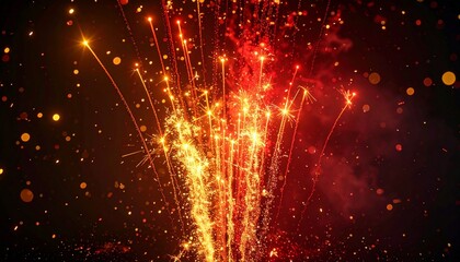 Golden Red Firework Trails on Black Background | Sparkling Celebration Burst | Festive Light Overlay
