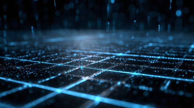 A futuristic digital grid with glowing lines and data points