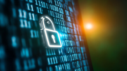 A close-up view of a digital padlock overlaying binary code, symbolizing data security and encryption in the modern tech landscape.