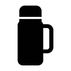 An illustration depicting a black silhouette of a coffee or tea thermos icon on a white background