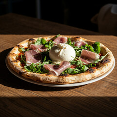 Savor this gourmet pizza with creamy burrata, fresh arugula, and savory prosciutto