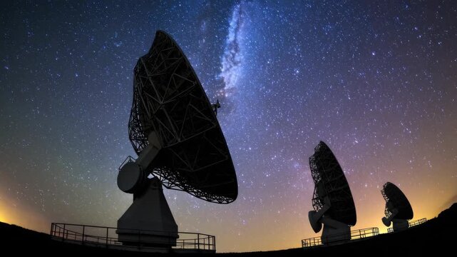A radio telescope observes the Milky Way stars in the night sky and technologies science technology to explore the cosmos under the Milky Way's stars