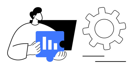Individual holding puzzle piece with bar chart, large gear conveying teamwork, process, and strategy. Ideal for business planning, workflow, innovation, problem-solving, collaboration leadership