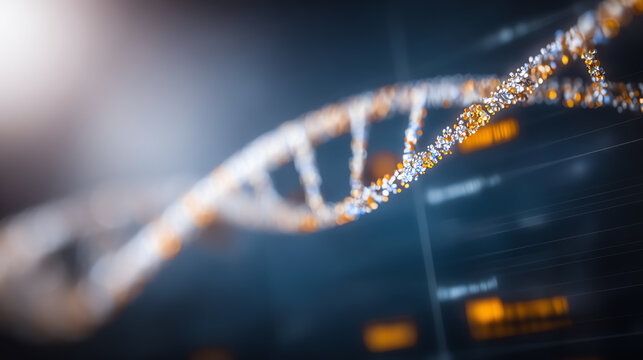 A close-up view of a DNA double helix structure representing genetics, biology, and molecular science in a vibrant digital format.