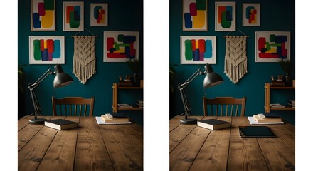 Cozy home office setup featuring a rustic wooden desk, lamp, and colorful wall art.
