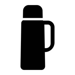 An illustration depicting a black silhouette of a coffee or tea thermos icon on a white background