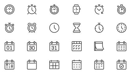 Calender And Alerts Icons set. clock, stopwatch, timer, schedule, date, and more. Pictograms and infographic. Thin outline icons pack. Vector illustration