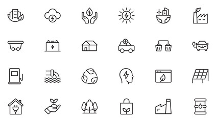 Renewable energy line icon set. Energy, efficiency, solar energy, green, sunlight, wind. Thin outline icons pack. Vector illustration