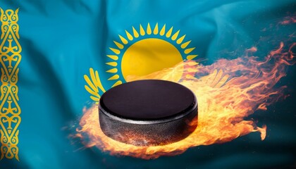 A flaming hockey puck blazes over Kazakhstan flag, symbolizing fiery sports passion. The image conveys national pride, energy, and athletic intensity.