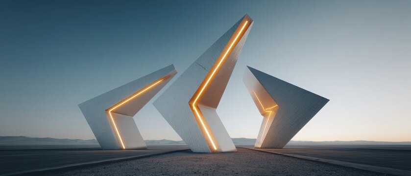 Abstract Structures with Orange Lighting in Desert Landscape