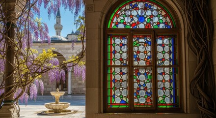 Obraz premium Architectural harmony, islamic structure viewed through a stained glass window with wisteria