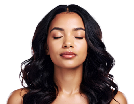 Serene woman with closed eyes experiencing peace, relaxation, and mindfulness, isolated on transparent background.