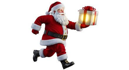 Joyful Santa Claus delivering glowing gift, spreading holiday cheer fast