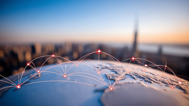 A close-up view of a globe with network connections illuminated, symbolizing global connectivity and technological advancements.