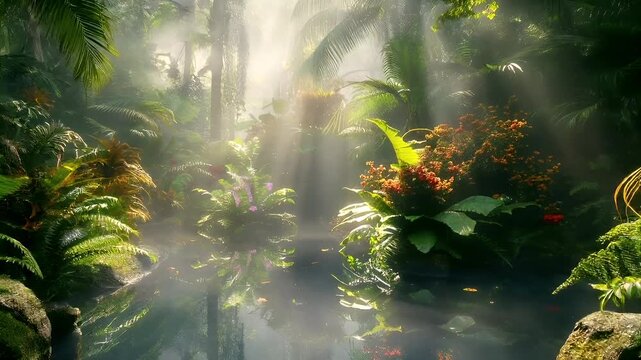 A vivid, sunlit tropical forest scene with sunlight filtering through the dense foliage.