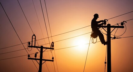 Silhouette of an Electrician Working on a High Voltage Power Pole Against a Bright Setting Sun.