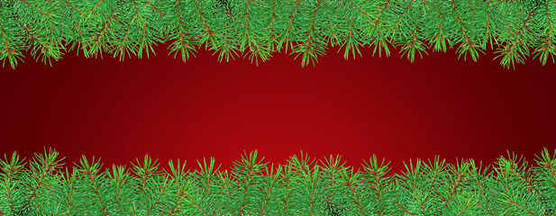 Banner of Red Christmas background with fir tree branches at the top and bottom. Holiday border with pine needles for festive decoration or greeting card design