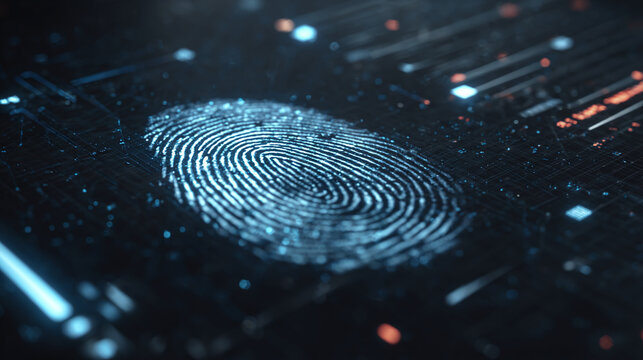 A close-up view of a fingerprint overlaid on a circuit board, a symbol of digital identity and security