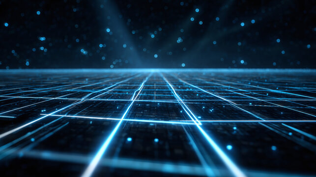 Abstract digital landscape with glowing lines, creating a futuristic, grid-like pattern. The scene evokes a sense of technology and innovation. 