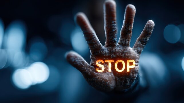 A hand is raised with "STOP" illuminated, conveying a strong message of caution or a halt in a visually striking manner.