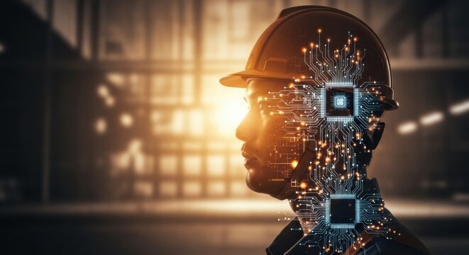Futuristic Industrial Technology Concept: Double Exposure of an Engineer and Glowing AI Circuitry.