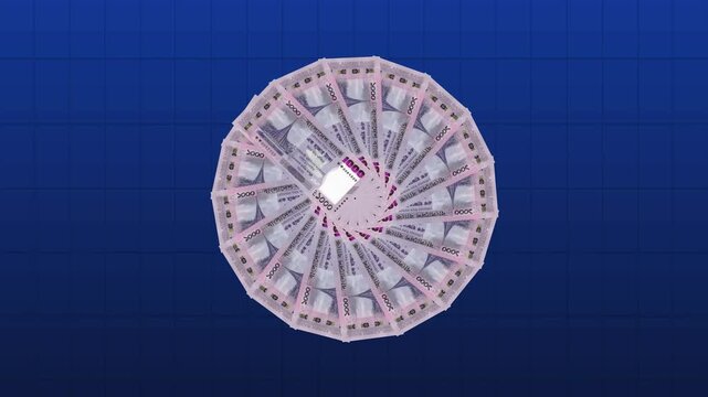 1000 Taka note rotating in a circle on a Blue background