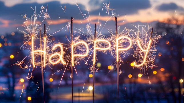 Golden Sparklers Spell 'Happy' Against a Dreamy Twilight Sky with Bokeh Lights