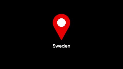 Red map pin icon with white circle and Sweden text on black location navigation