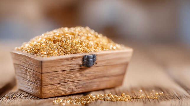 A close-up view of a wooden box filled with sparkling golden sugar granules, depicting a delicious and sweet culinary ingredient.