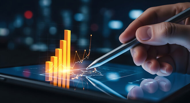 A professional's hand uses a digital pen on a tablet to analyze a glowing bar graph, representing business investment and profit growth