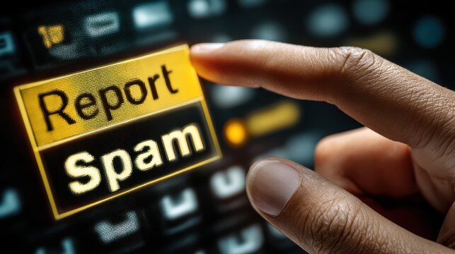 A hand pressing a "Report Spam" button on a digital interface, highlighting online safety and the importance of managing unwanted content.