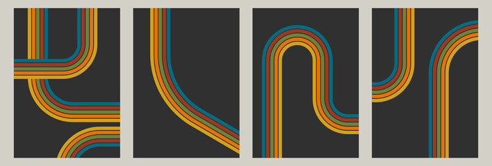 Stripe rainbow groovy posters with vintage psychedelic lines. Vintage groovy background with retro rainbow stripe line in groovy colors
