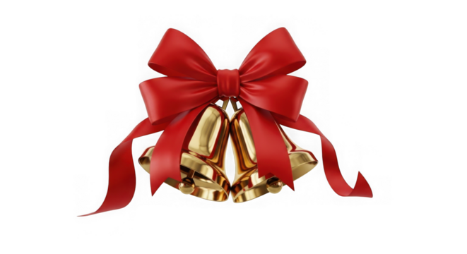 Golden bells with red ribbon bow isolated on transparent background