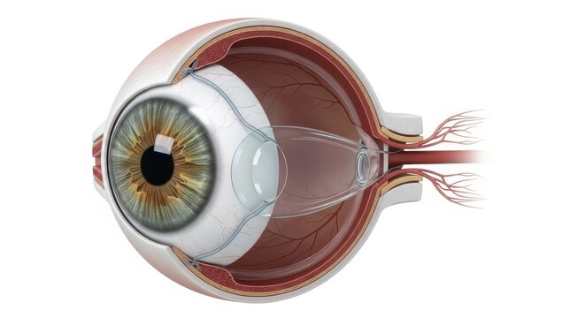 Anatomical illustration displaying internal components and structures of a human eye complex