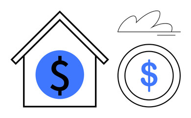 House with dollar sign inside, coin with dollar sign, and cloud. Ideal for finance, savings, investment, real estate, mortgage economic growth business strategy. Minimal and simple flat metaphor