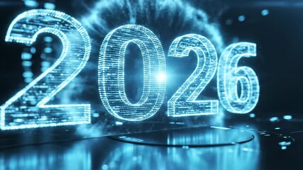 glowing holographic 2026 digits on reflective circuit stage, technician installs virtual display while data flows across platform, immersive blue light and precision digital detail convey futuristic. - Powered by Adobe