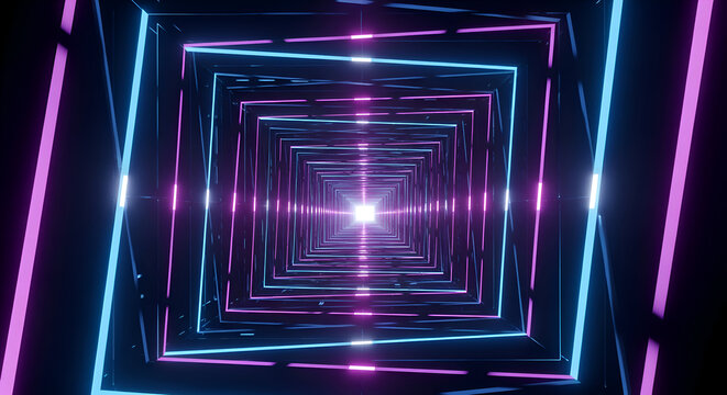 Immerse yourself in a mesmerizing neon tunnel of vibrant pink and blue lights, creating an energetic and futuristic visual journey perfect for dynamic motion graphics and modern technology themes.