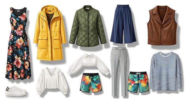 Collection of stylish women and men clothing for various occasions and seasons.