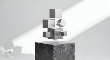 Abstract 3D rendering showcases metallic cubes in dynamic motion, defying gravity against a clean, modern backdrop with dramatic light and shadow play.